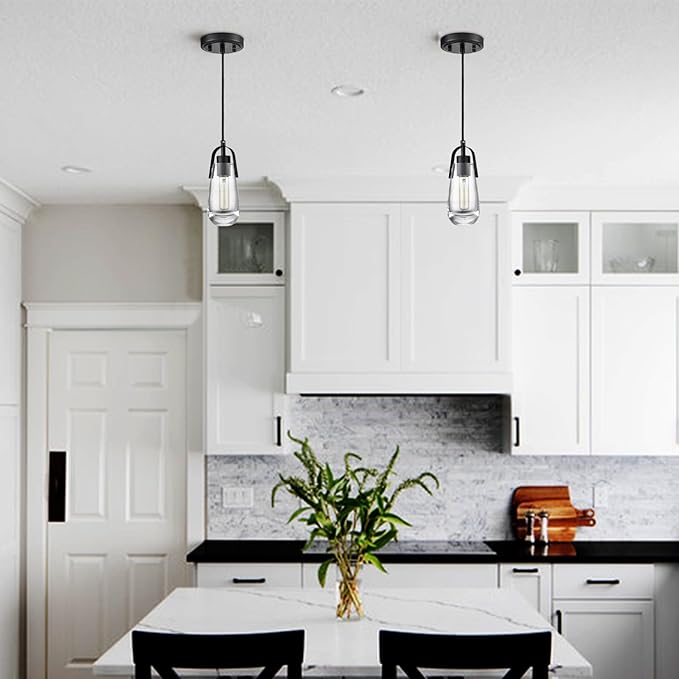 DEYNITE Mini Glass Pendant Light Fixtures Black Hanging Light with Clear Glass for Kitchen Bathroom Dining Table