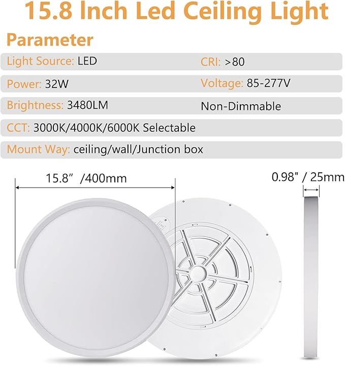 4PK 15.8 Inch Led Ceiling Light Flush Mount, 32W, 3480LM, 3000K/4000K/6000K CCT Selectable Super Slim LED Ceiling Light, Low Profile Round Flat Panel Fixture for Hallway, Bedroom,Kitchen