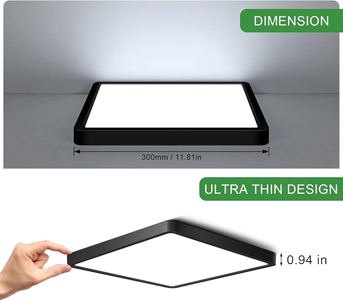 12Inch 24W Square LED Ceiling Light Fixtures Flush Mount, 6000K Cold White LED Ceiling Lamp, Surface Mount Modern Ceiling Lights, Black Slim Flat Panel Lighting for Bedroom, Kitchen, Bathroom Etc