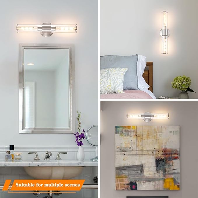 Brushed Nickel Wall Sconces Set of 2 (Hardwired Only), Bathroom Vanity Light Fixtures, Modern Cylinder Glass Wall Lights for Mirror 28-40 in Height, NOT Battery Operated, E26 Base (Bulbs Not Included)