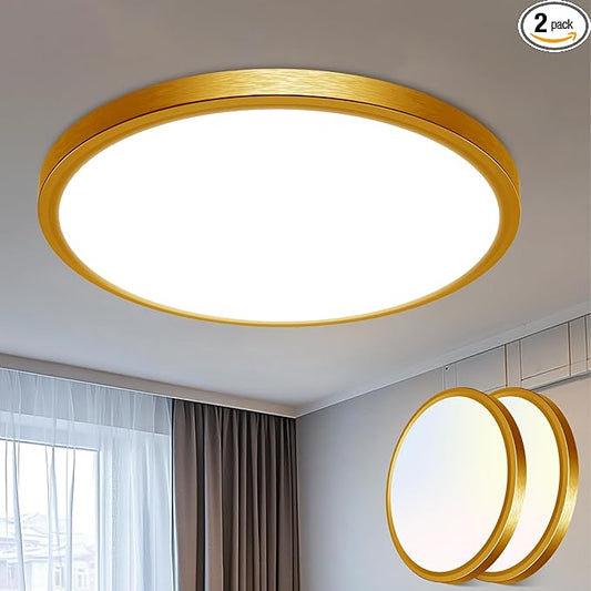 libtit 16Inch Flush Mount LED Ceiling Light Fixture, 3000K 4000K 6500K Adjustable, 36W 3600lm Gold Satin Round Ceiling Lamp for Bathroom Shower Hallway Kitchen, 2 Pack