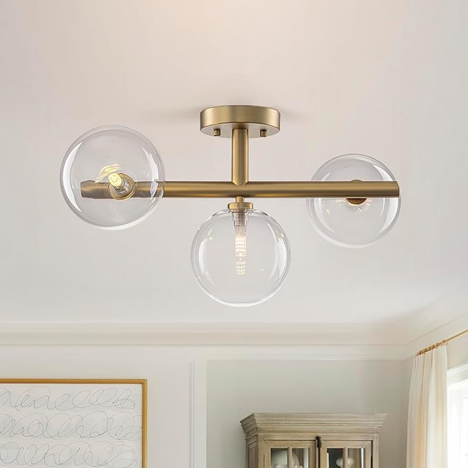 EDISLIVE 3-Light Semi Flush Mount Glass Ceiling Light Clear Globe, 19.7 in Mid Century Modern Sputnik Light Fixture with Clear Glass Shade Gold Finished