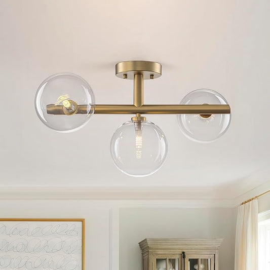 EDISLIVE 3-Light Semi Flush Mount Glass Ceiling Light Clear Globe, 19.7 in Mid Century Modern Sputnik Light Fixture with Clear Glass Shade Gold Finished