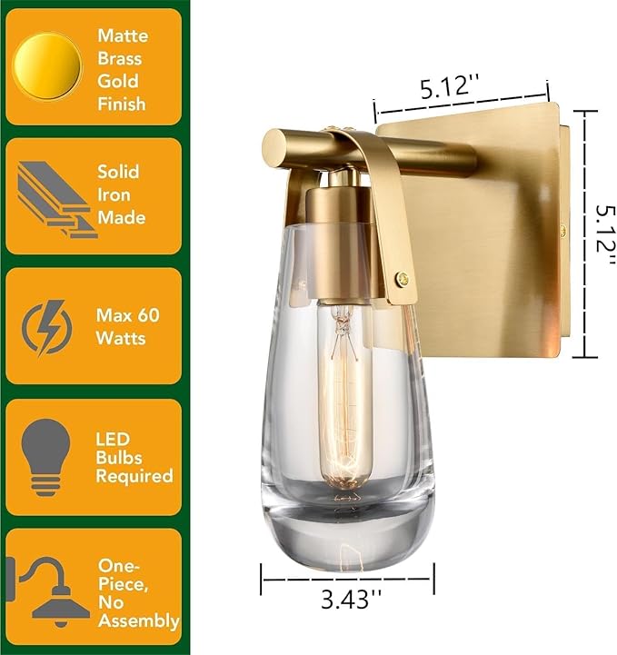 DEYNITE Gold Wall Sconces, Raindrop Sconces Wall Lighting, Modern Clear Glass Vanity Light Fixtures Raindrop Wall Sconce for Bathroom Bedroom Living Room