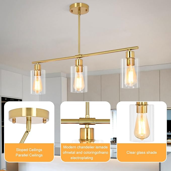 3-Light Kitchen Island Lighting, Farmhouse Dining Room Light Fixtures Over Table, Modern Gold Island Lights Over Island, 31" Linear Chandelier Hanging Ceiling Pendant Light Fixtures for Kitchen