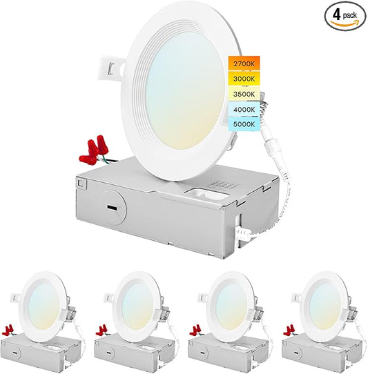 LUXRITE 4 Inch Ultra Thin LED Recessed Lighting, 10.5W, 5 Color Selectable 2700K | 3000K | 3500K | 4000K | 5000K, CRI 90, 750 Lumens, Dimmable LED Wafer Lights, Wet Rated, Baffle Trim (4 Pack)