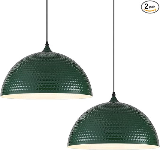 16 inch Green Pendant Light 2 Pack, Hammered Large Industrial Pendant Lights Kitchen Island, Green Dome Pendant Light for Kitchen Island, Dining Room, Bar