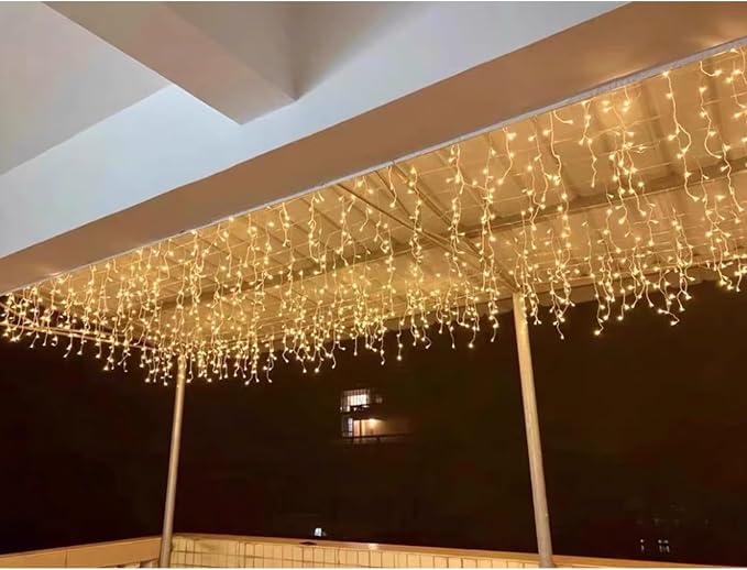 LED Icicle Christmas Lights, 13FT 120 LEDs 8 Modes Extendable Eaves Short Curtain Twinkle Dangling Fairy String Lights for Indoor Party Wedding Outdoor Decorations, Warm White, 4M06