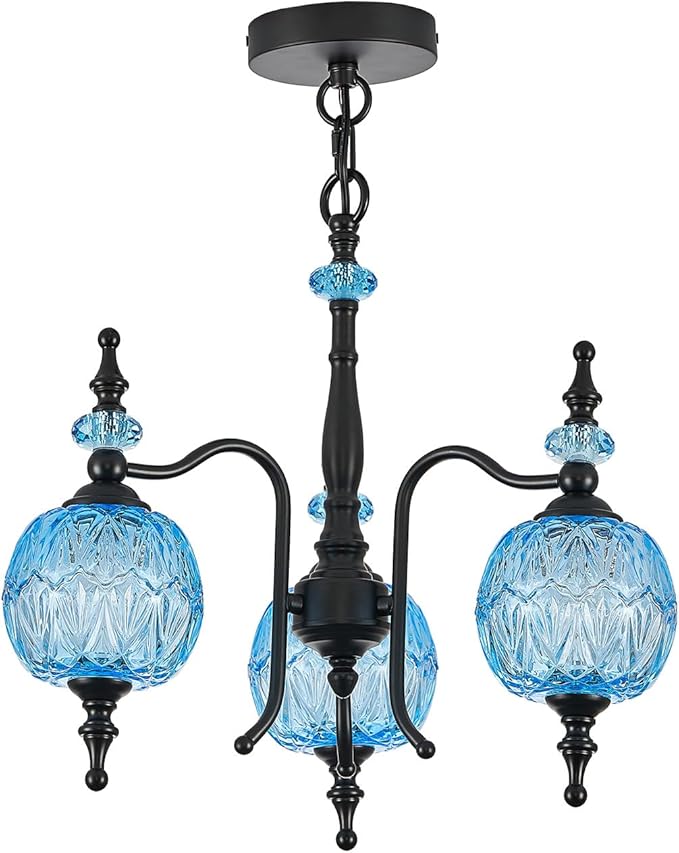 Vintage Blue Pendant Light Fixtures, 3-Light Chandeliers for Kitchen Bedroom Living Room Dining Room Hallway