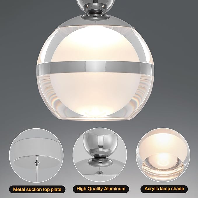 Modern Pendant Light Globe Hanging Pendant Lighting Chrome Small Chandelier Light Fixture for Kitchen Island Bedroom Dining Room Bar (1-Lights)