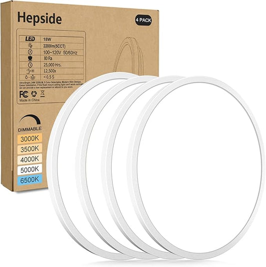 hepside 4Pack LED Flush Mount Ceiling Light Fixture, 9Inch 18W, Dimmable&3000K/3500K/4000K/5000K/6500K Adjustable Low Profile Ceiling Lights, Round Flat Ceiling Light for Closet,Kitchen,Hallway-White