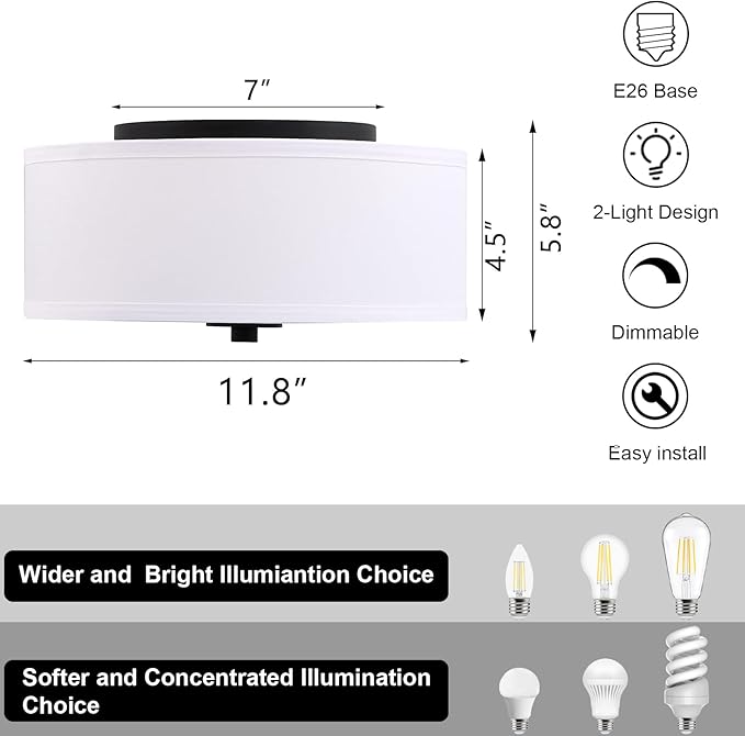 2-Light Flush Mount Ceiling Light Fixture, 12” Modern Close to Ceiling Light with White Fabric Drum Shade, Round Ceiling Light for Bedroom Hallway Living Room Bathroom Dining Kitchen