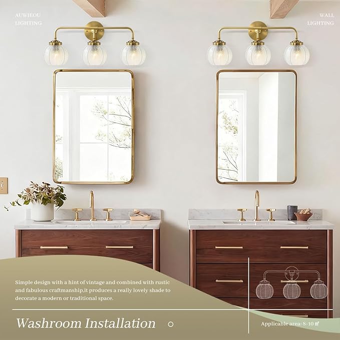 Vintage Wall sconces Bathroom Vanity Lights Over Mirror 3 Light Gold Wall sconce with clear Glass Shade mid Century modern Wall Sconce Glass globe wall lamp Wall Lighting for Bedroom Doorway Hallway