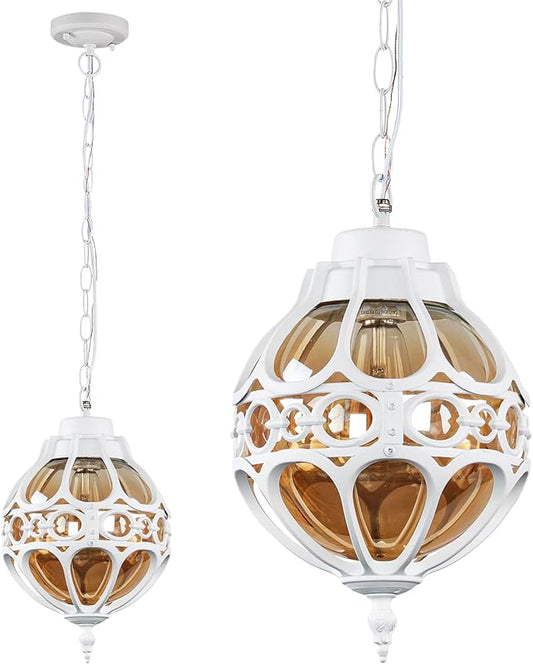 Globe Outdoor Pendant Lights,Vintage Exterior Hanging Pendant Light Fixtures with Adjustable Chain, Aluminum White Outdoor Chandelier for Porch, Gazebo, Entryway,No Sensor,Large