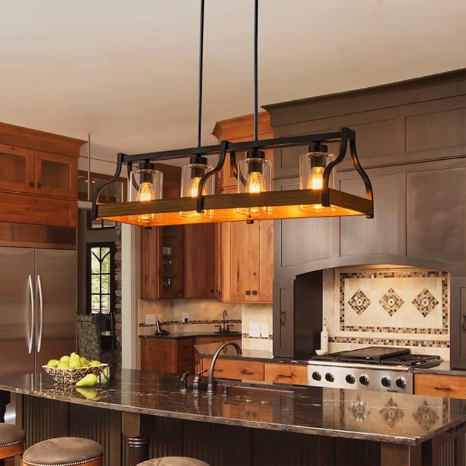 31.5" Farmhouse Chandeliers for Dining Room, 4-Light Kitchen Island Lights for Kitchen with Hand-blown Glass Shade, Faux Wood Black Kitchen Island Lighting Rustic Dining Room Light Fixtures over Table