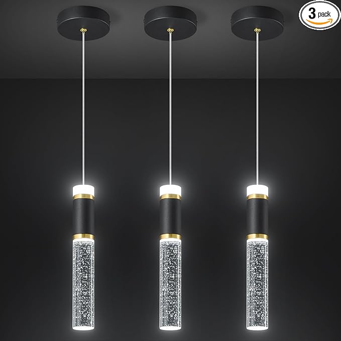 Pendant Ceiling Light Fixture for Kitchen Island, Black Gold Pendant Light Integrated Dimmable LED Hanging Light with Bubble Crystal Pendant Light Modern Pendant Lights Kitchen Island (3-Pack)