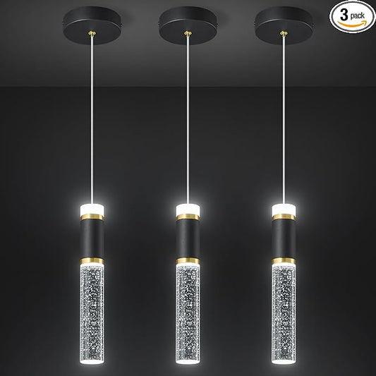 Pendant Ceiling Light Fixture for Kitchen Island, Black Gold Pendant Light Integrated Dimmable LED Hanging Light with Bubble Crystal Pendant Light Modern Pendant Lights Kitchen Island (3-Pack)