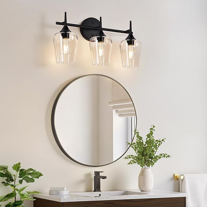 MOKATNG 3-Light Bathroom Light Fixtures, Black Vanity Lights for Bathroom with Clear Glass, 19.5 Inch Bathroom Lighting Fixtures Over Mirror, Modern Wall lamp for Cabinet Hallway