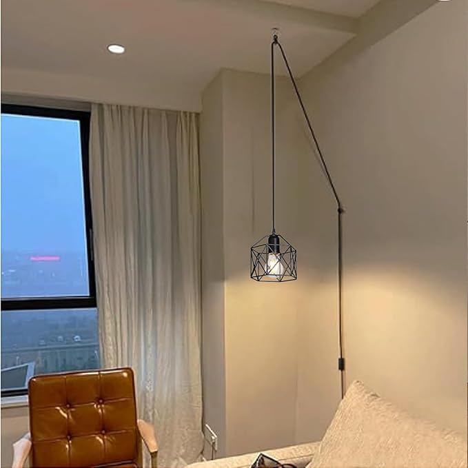 Industrial Plug-in Pendant Light, Black Farmhouse Hanging Ceiling Light, Vintage Metal Cage Wall Mount Lamp, 1-Light Fixture for Kitchen Island, Dining Room, E26 Base (Bulb Not Included)