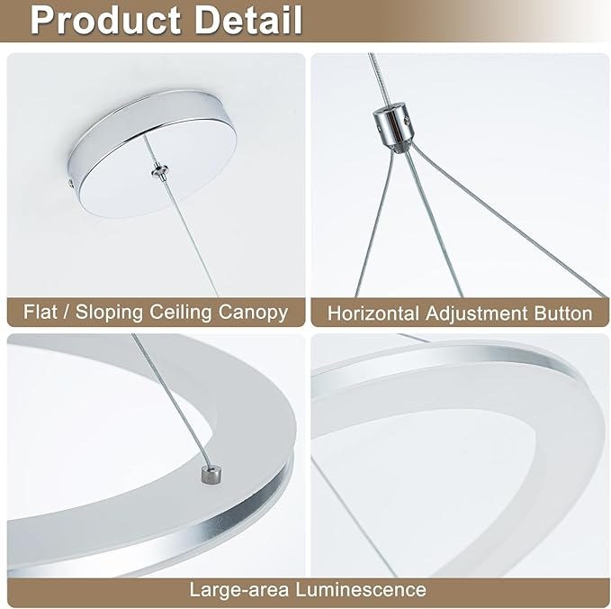 CHYING LED Pendant Lights Kitchen Island, 15.8" 18W Warm White Modern Ring Chandelier, Adjustable Height Silver Hanging Pendant Ceiling Light for Dining Room Bedroom Hallway Entryway, 3000K