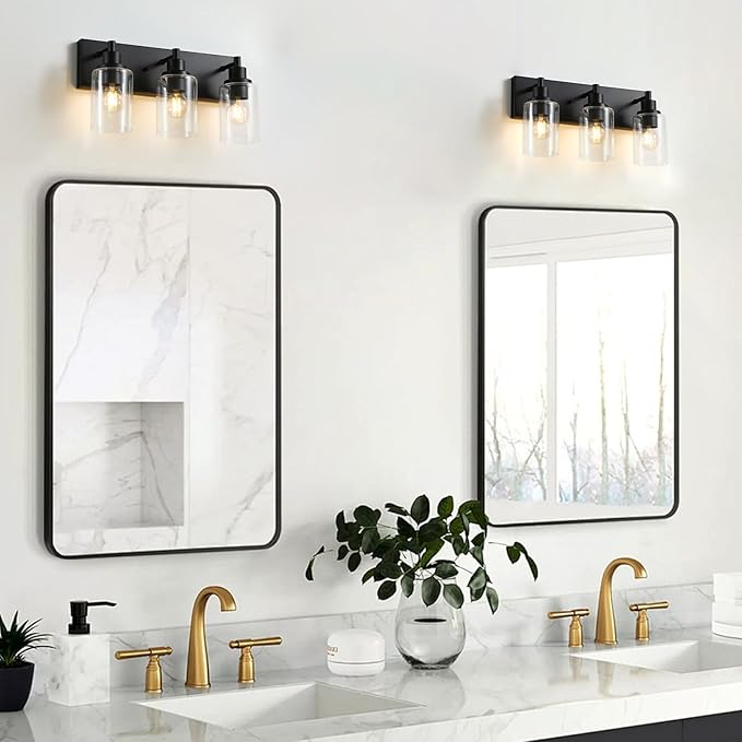 LOUSACE 3 Light Bathroom Vanity Light, Matte Black Bathroom Light Fixtures Over Mirror, Modern Bathroom Lighting with Clear Glass Shade, Black Farmhouse Wall Sconces Lighting Fixture for Bedroom