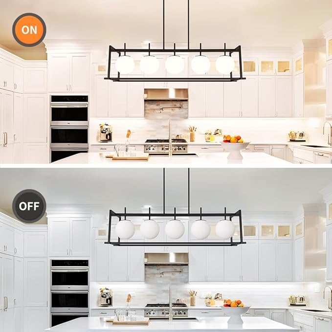 DSMJFU Black Farmhouse Rectangular Chandelier for Dining Room, 5-Light Linear Pendant Lighting, Rectangular Kitchen Island Light with Milky White Glass Ball Shades, Adjustable Height Hanging Lighting