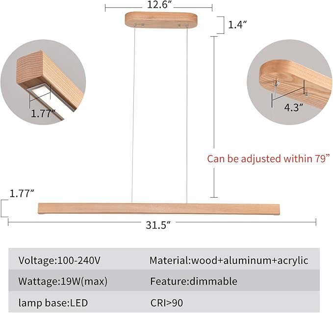 YISDESIGN 31.5" 18W 1-Light Wooden Led Linear Pendant Light Dimmable Led Ceiling Hanging Light Fixtures Modern Chandeliers for Dining Room Kitchen Island Lights Natural