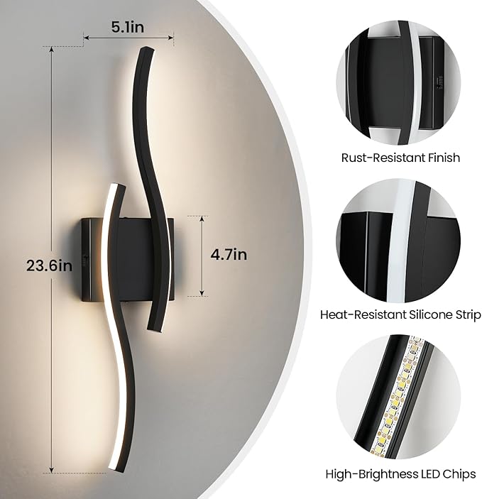 WOSHITU Bathroom Vanity Lights Over Mirror: 23.6 Inch 24W Black LED Bathroom Lighting Fixtures 5CCT Dimmable 2700-5000K Vanity Lighting Modern Bath Sconces Wall Light for Mirror Bedroom Living Room