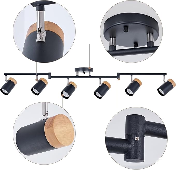 Black Track Lighting,6-Light,Flexible Beams and Rotation Spotlights, Natural Wood Track Lights for Kitchen,Bedroom, Closet,Art Show