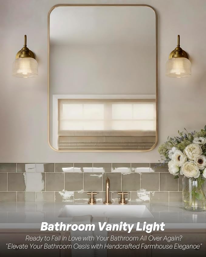 Vintage Wall Sconce Antique Brass Gold Bathroom Vanity Light with Clear Checkered Glass Shade Indoor Hardwire Wall Mounted Lamp Light for Bathroom Mirror Living Room Bedroom Kitchen