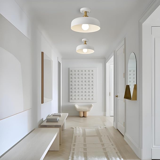 Modern Semi Flush Mount Ceiling Light,Mid Century Hallway Ceiling Light Fixture,E26 Ceramic Lamp Head,White and Gold Light Fxiture Ceiling for Kitchen Entryway Bedroom Hall Entry (12.6 in)