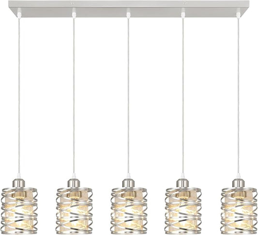 Brushed Nickel Pendant Lights for Kitchen Island, 5-Light Chandelier for Dining Room, Hanging Linear Chandeliers, Modern Dining Room Light Fixtures Pendant Light with Clear Glass Shades