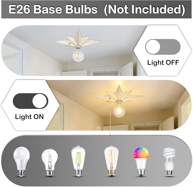 16 inch Flush Mount Ceiling Light with Pull Chain On/Off Switch, White Star Ceiling Light Fixtures, Farmhouse Modern Lighting for Hallway, Entryway, Porch, Study, Bedroom, Stair, Kitchen, Bathroom