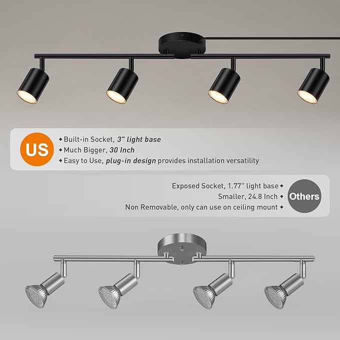 Plug in Track Lighting, LED Track Lighting Fixtures Ceiling, Black 4-Light Kitchen Light Kit, Plug in Wall Light with 14.8ft Power Cord, Rotatable Ceiling Spotlight for Bedroom(GU10 Socket, NO Bulb)
