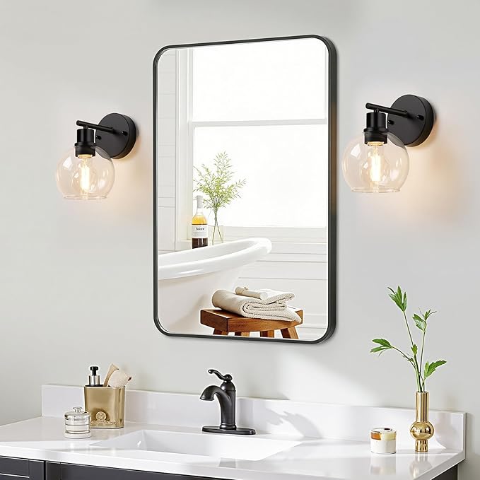 Indoi Matte Black Wall Sconces Set of 2, Clear Glass Vanity Light Fixtures with E26 Base, Reversible Up or Down Wall Lights for Living Room, Bathroom, Bedroom, Hallway, Kitchen