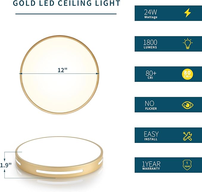 Gold Flush Mount Ceiling Light Fixture LED,24W Kitchen Light Fixture Ceiling Mount Dimmable 2 Pack,12 inch Close to Ceiling Light Fixture 5CCT for Bedroom, Bathroom, Living Room
