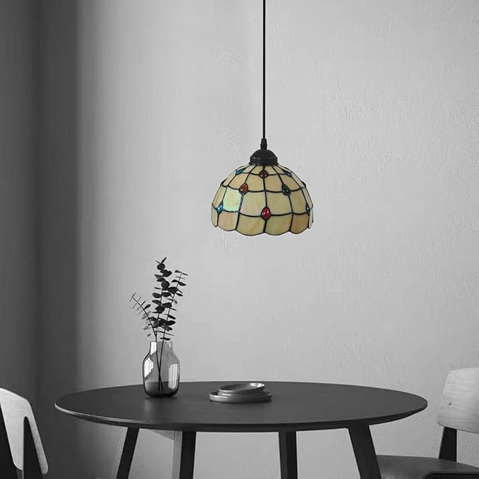 Tiffany Pendant Light Fixtures 8" Wide Stained Glass Hanging Lamp Colored Glass Beads Hanging Lights for Kitchen Dining Room Bedroom