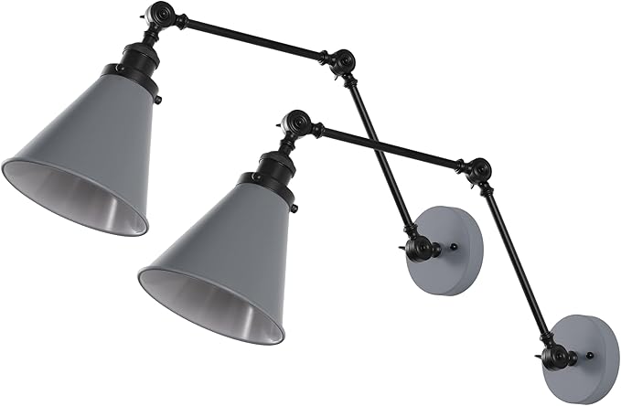 JONATHAN Y 7" Gray/Black Classic Industrial Metal Adjustable Arm LED Wall Sconce for Bedside Reading, Farmhouse Swing Arm Wall Lamp with Metal Shade, Hardwired (JYL7462H-SET2)