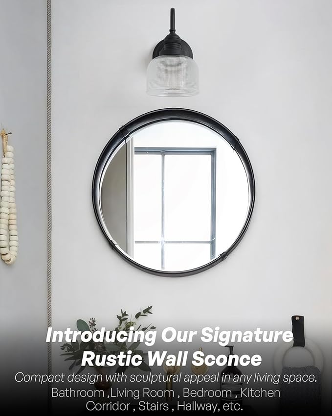 Vintage Wall Sconce Light Black Bathroom Vanity Light with Clear Checkered Glass Shade Hardwire Sconce Indoor Farmhouse Wall Lamp Fixture for Bathroom Mirror Living Room Bedroom Kitchen