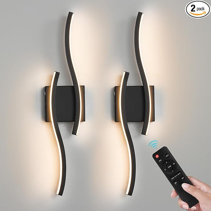 WOSHITU Black Battery Operated Wall Sconces: 23.6 Inch Rechargeable Sconce Wall Lighting Set of Two with Remote & 3CCT Dimmable, Modern Cordless Wall Light for Bedroom Living Room Hallway Bathroom