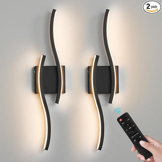 WOSHITU Black Battery Operated Wall Sconces: 23.6 Inch Rechargeable Sconce Wall Lighting Set of Two with Remote & 3CCT Dimmable, Modern Cordless Wall Light for Bedroom Living Room Hallway Bathroom