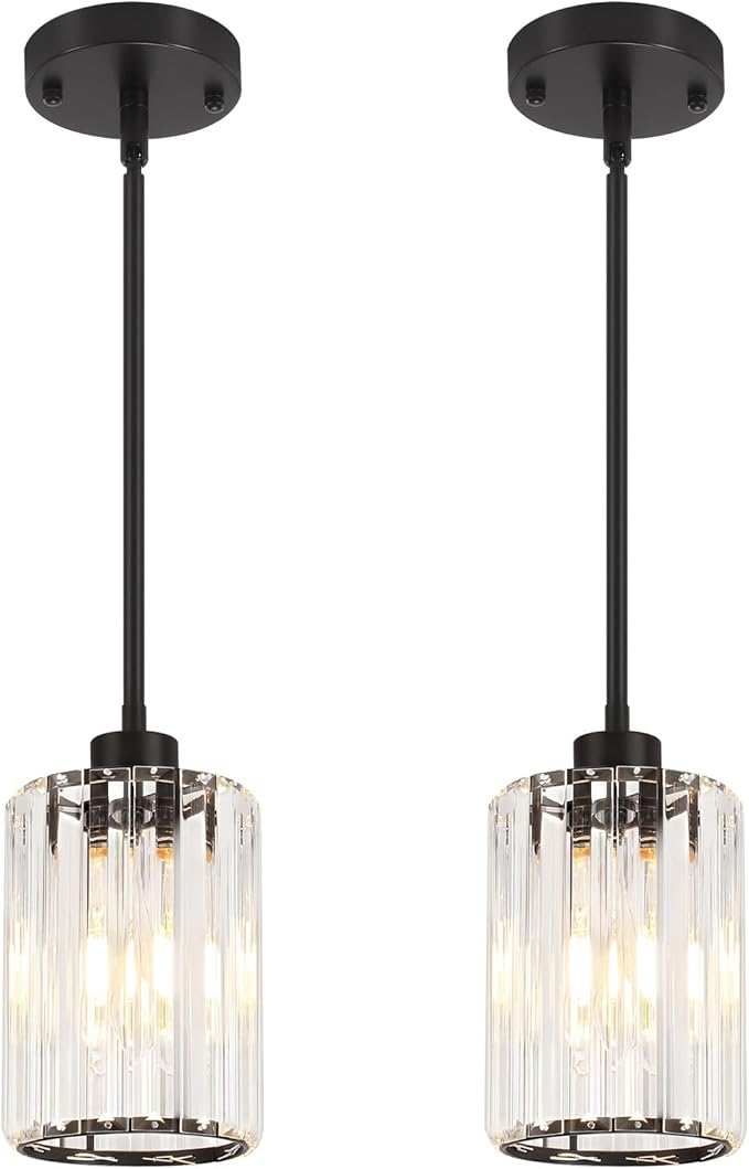 2 Pack Black Pendant Lights Kitchen Island, Modern Crystal Kitchen Pendant Lighting Over Island Dining Room Light Fixtures Adjustable Hanging Pendant Light for Bathroom Hallway Entryway Foyer Bedroom