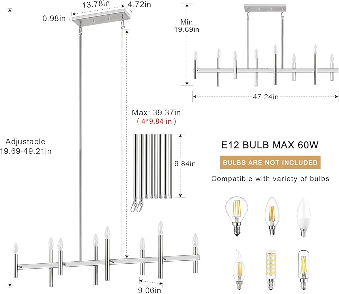47” Brushed Nickel Chandelier Kitchen Island Lighting 8-Light Modern Pendant Light Fixtures Contemporary Linear Chandeliers for Dining Room Over Table Hanging Light for Living Room Bar Pool Table