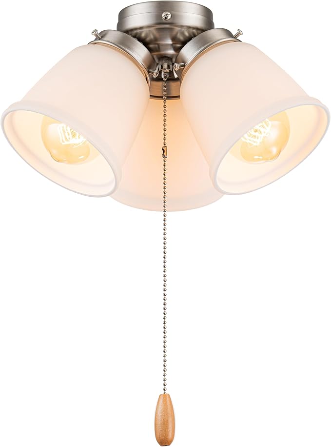 Aspen Creative 22011-2, Three-Light Ceiling Fan Light Kit with Pull Chain, Brushed Nickel Finish with Frosted Glass Shades, 13" Diameter x 6-3/4" Height