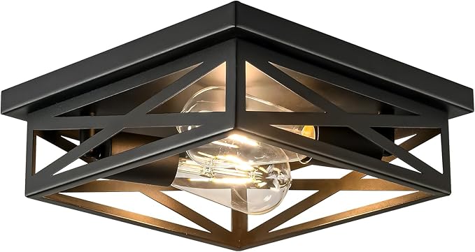 Farmhouse 2-Light Semi Flush Mount Ceiling Light Fixture, Modern Metal Cage Black Square Close to Ceiling Lamp, E26 Base Chandelier Ceiling Mount, Pendant Lighting for Hallway Kitchen Bedroom