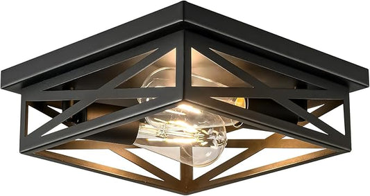 Farmhouse 2-Light Semi Flush Mount Ceiling Light Fixture, Modern Metal Cage Black Square Close to Ceiling Lamp, E26 Base Chandelier Ceiling Mount, Pendant Lighting for Hallway Kitchen Bedroom