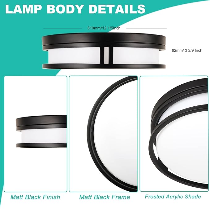 12.5 Inch LED Flush Mount Ceiling Light Fixture, 26W, Super Bright 1700 Lumens, 3 Color 3000K/4000K/5000K, Dimmable Ceiling Lamp for Bedroom Hallway Bathroom Kitchen (Black)