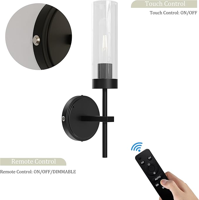 Black Battery Operated Wall Sconce Set of 2, Wireless Wall Sconces with Remote Control, Rechargeable 3000K Dimmable Wall Light for Bedroom Living Room Bathroom Hallway Entryway Stairwell