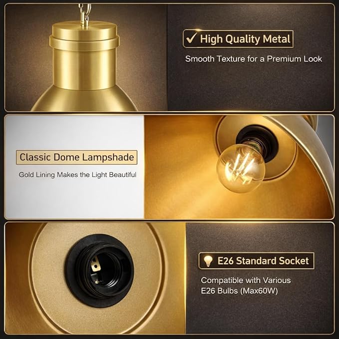 BoostArea Gold Pendant Light for Kitchen Island, 10.6" Large Metal Dome Shade, 70.9" Adjustable Height Hanging Light Fixture, Modern Farmhouse Pendant Lighting, E26 Base, Bulb Not Included