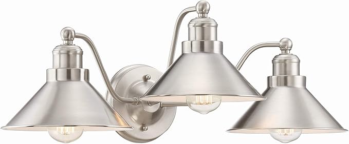 Kira Home Welton 25.5" 3-Light Modern Farmhouse Vanity Light with Funnel Shades, Industrial Silver Wall Sconce Bathroom Light, Brushed Nickel Finish